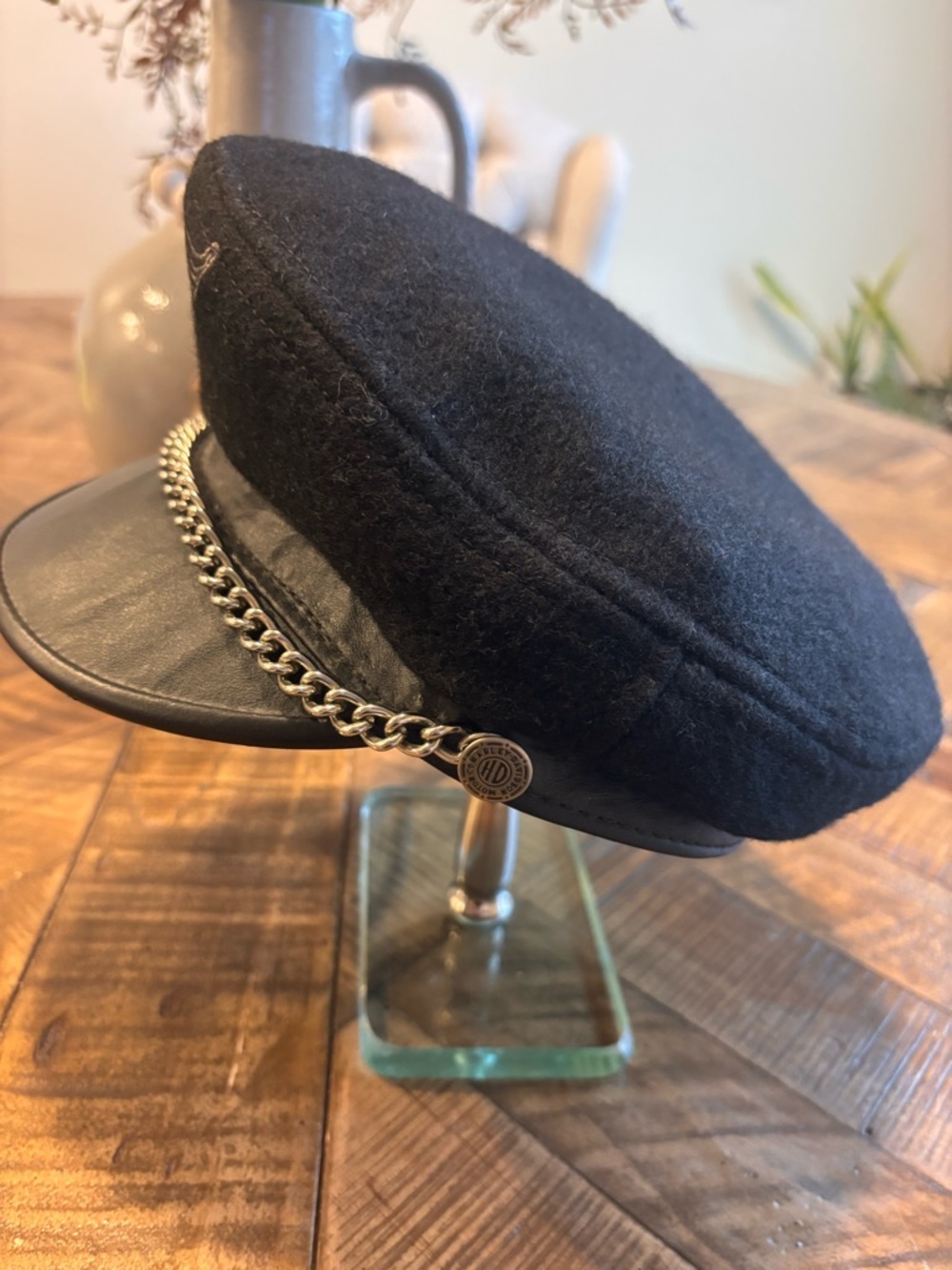 Harley-Davidson Black & Gold Wool Leather Chain Cap VINTAGE - Picture 7 of 10